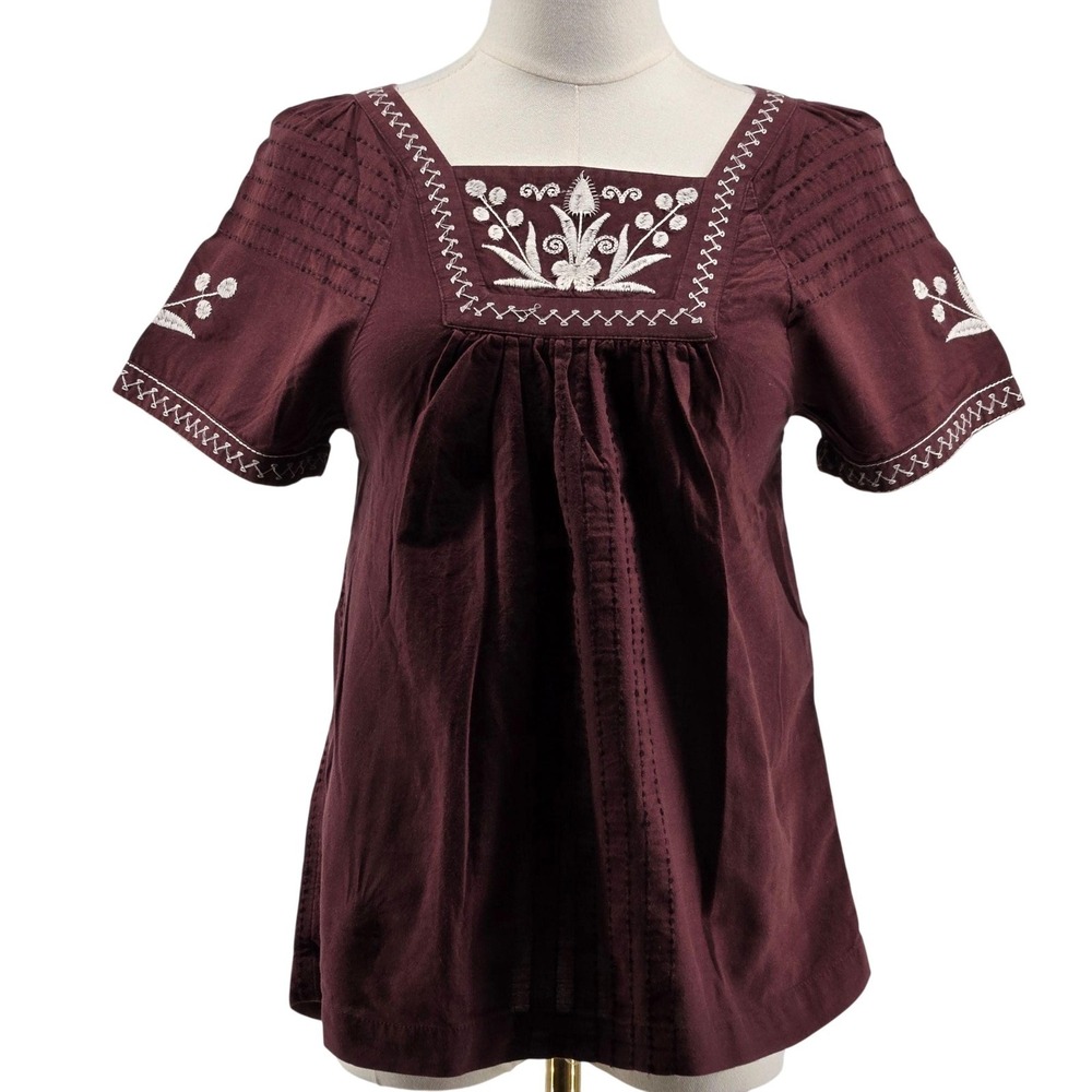 Madewell Tunic Womens XS Purple Square Neck Embroidered Relaxed Fit Cotton Blend